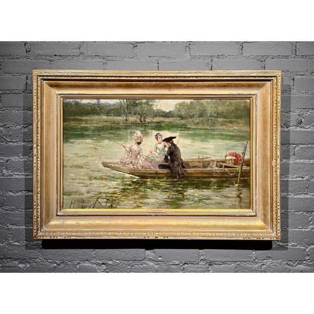 Realism Leon Moran—Elegant Figures Fishing on the Water-19th-Century American Romantic Oil Painting For Sale - Image 3 of 14