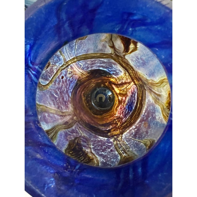 Blue 14" Signed Vase Jean-Claude Novaro 1986 Iridescent Cobalt Blue Vase For Sale - Image 8 of 12