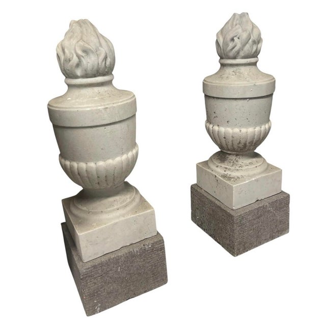 Neoclassical A Pair of Vintage Neoclassical Carved White Marble Flame Finials on Granite Bases For Sale - Image 3 of 12