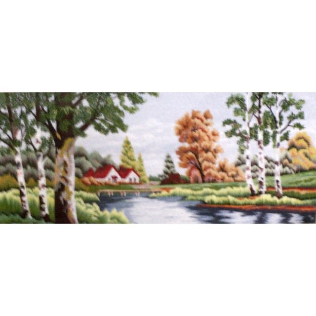 Not your great-grandma's needlepoint...or maybe it is... Vintage Landscape Needlepoint Textile Art mysteriously signed K/N...