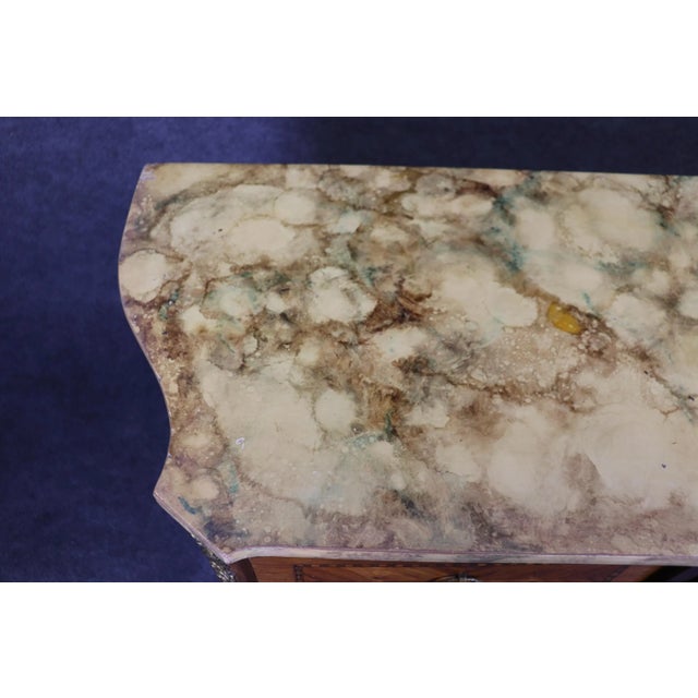 French Special Faux Paint Decorated Marble Top Inlaid French Louis XV Wide Dresser 1930 For Sale - Image 3 of 11