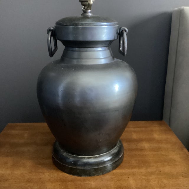 Visual Comfort Visual Comfort Bronze Finish Metal Urn Lamp With Burlap Drum Shade For Sale - Image 4 of 6