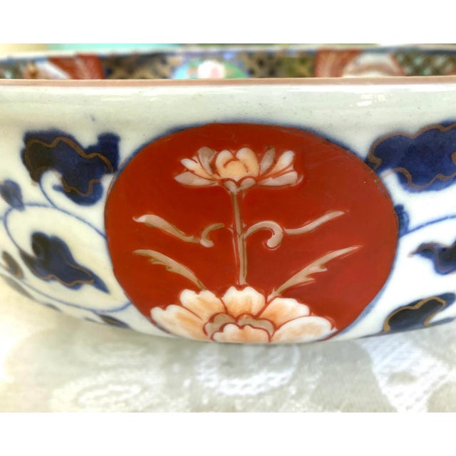 Mid 20th Century Mid 20th Century Antique Japanese Imari Porcelain Footed Rice Serving Bowl - Hand Painted With Blue Fuku Mark - Set of 2 For Sale - Image 5 of 13