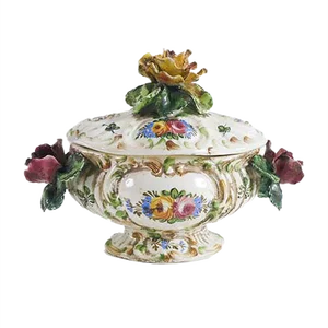 Multi-Colored Ceramic Soup Tureen / Centerpiece with Hand Painted Floral Decorations from BottegaNove, 1940s