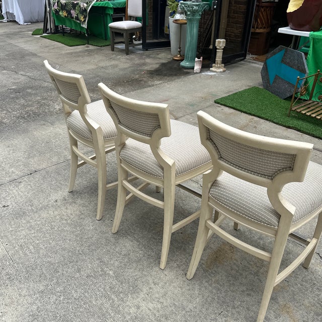 1970s White Wooden Barstools Trio With Cushions- Needs Reupholstery For Sale - Image 10 of 11