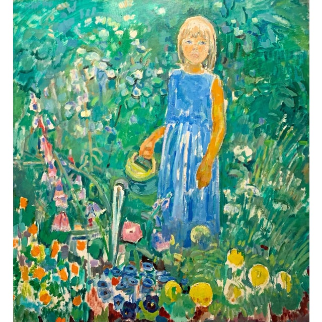 Flowers, garden, children, turquoise, green, spring No frame 80 x 90 cm Framed cm. 94 x 100 GLEB SAVINOV (Charkev, 1915 –...