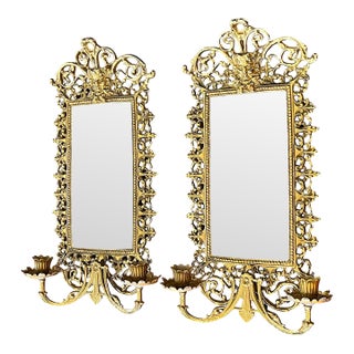 Pair of Virginia Metalcrafters Brass Wall Mirror Sconces With Green Man Motif & Candleholders For Sale
