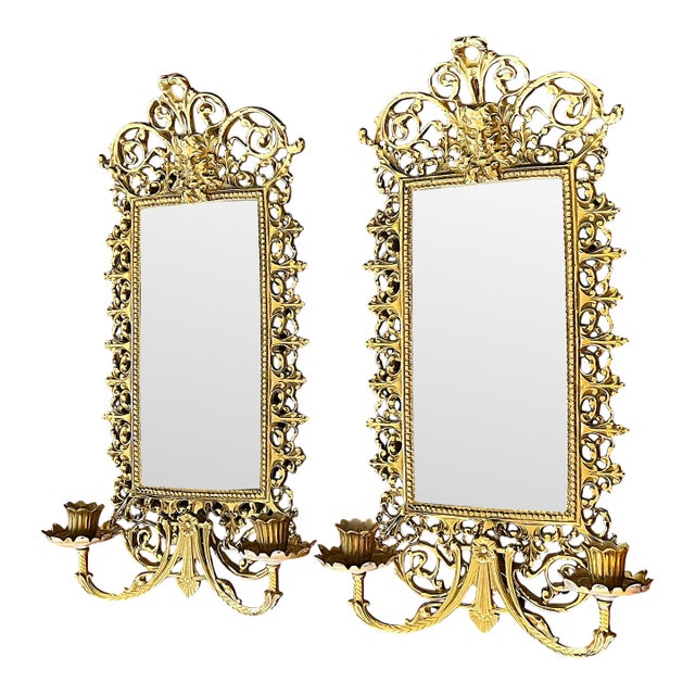 Pair of Virginia Metalcrafters Brass Wall Mirror Sconces With Green Man Motif & Candleholders For Sale