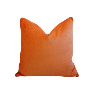 Custom Tailored Tangerine Orange Velvet Feather/Down Pillows 24" Square For Sale