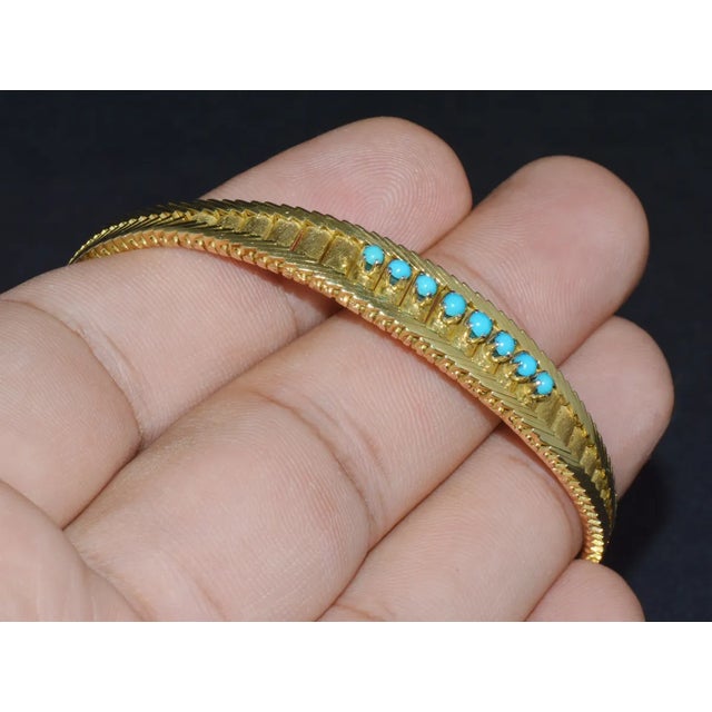 Blue Estate Natural Turquoise Solid 18K Gold Snake Chain Bangle Bracelet For Sale - Image 8 of 12