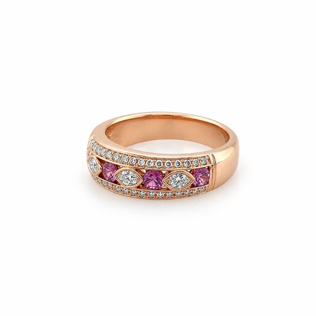 Contemporary 18k Rose Gold Ring With Pink Sapphires, Size 6.5 For Sale - Image 3 of 4