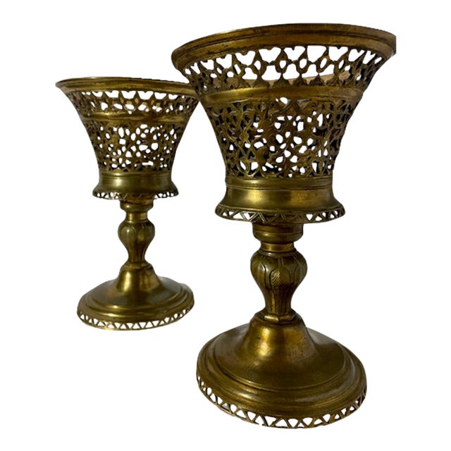 Set of Two Early 20th Century Brass Compote or Candle Holders For Sale