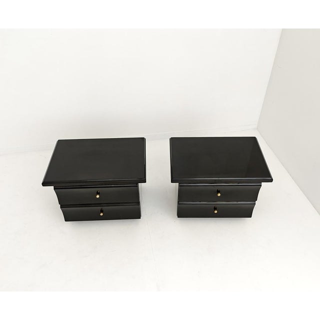 Vintage Bedside Tables in Glossy Black Lacquered Wood and Brass Knobs, 1970s, Set of 2 For Sale - Image 10 of 13
