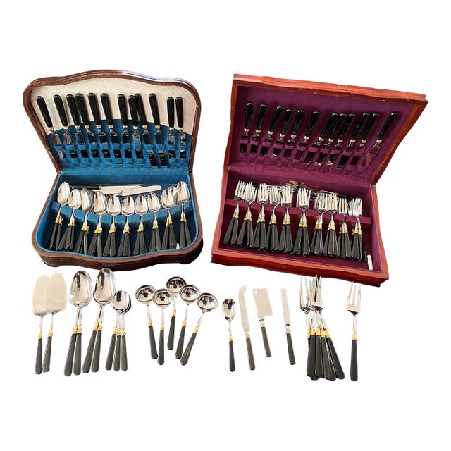 Late 20th Century Yamazaki 177 Piece Stainless Steel Gold Accent Flatware Set For Sale