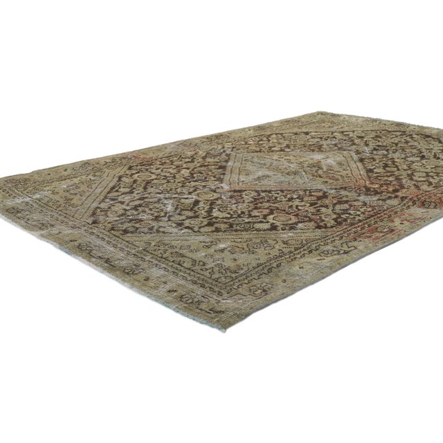 Worn-In Distressed Antique Persian Mahal Rug 04'01 x 06'00. Warm and inviting with a lovingly time-worn composition, this...