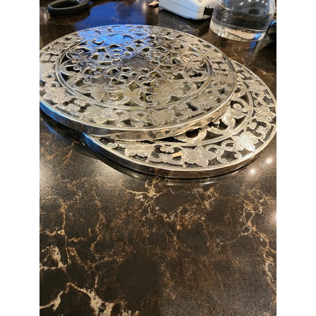 Rococo Pair of Large Sterling Silver Overlay Coasters For Sale - Image 3 of 5