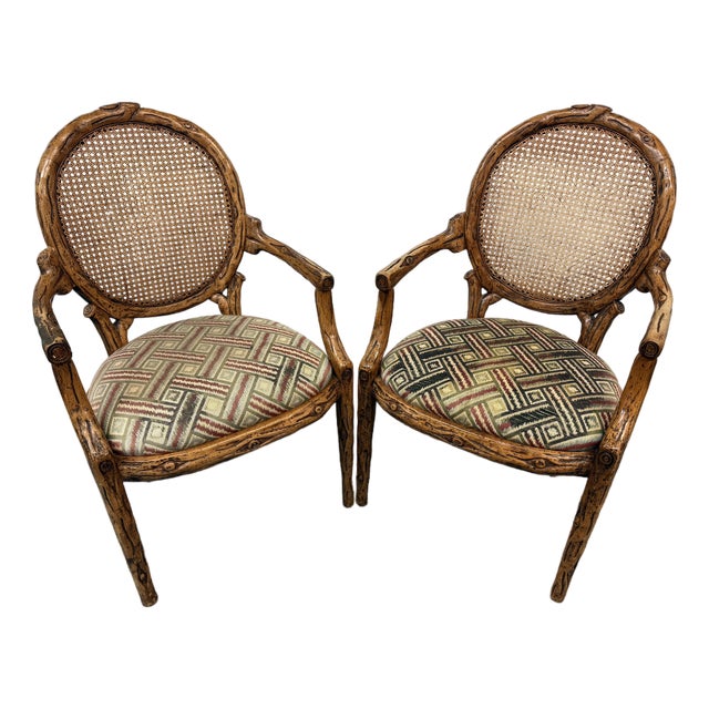 Carved Wood Cane Back Arm Chairs, Pair For Sale