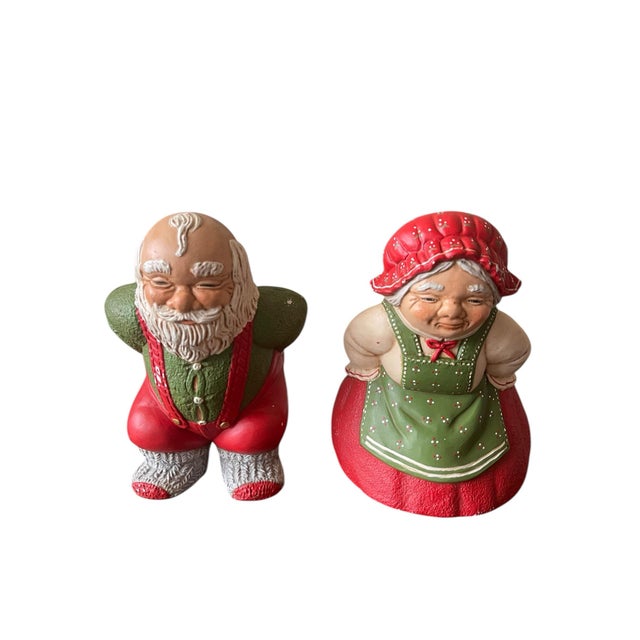 This vintage Christmas set is incredible and fun. You can see that Mrs. Claus has pulled up her dress and Santa’s hands...