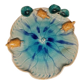 Vintage Majolica Frog and Lotus Flower Ceramic Bowl/Platter For Sale