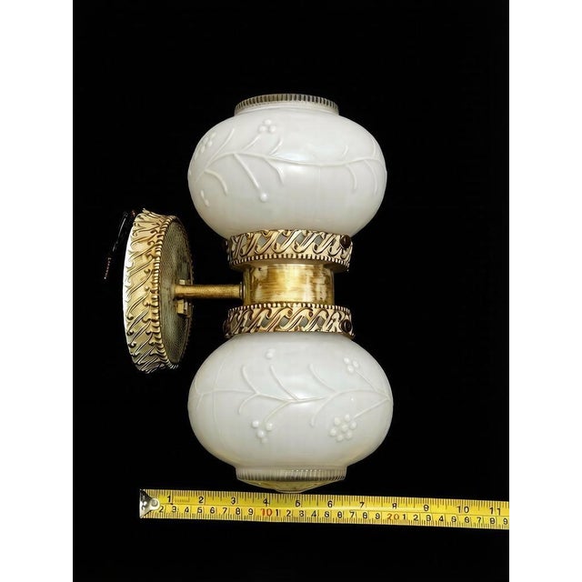 Traditional Vintage Art Deco Double Wall Sconce Frosted Glass Brass Metal Floral For Sale - Image 3 of 6