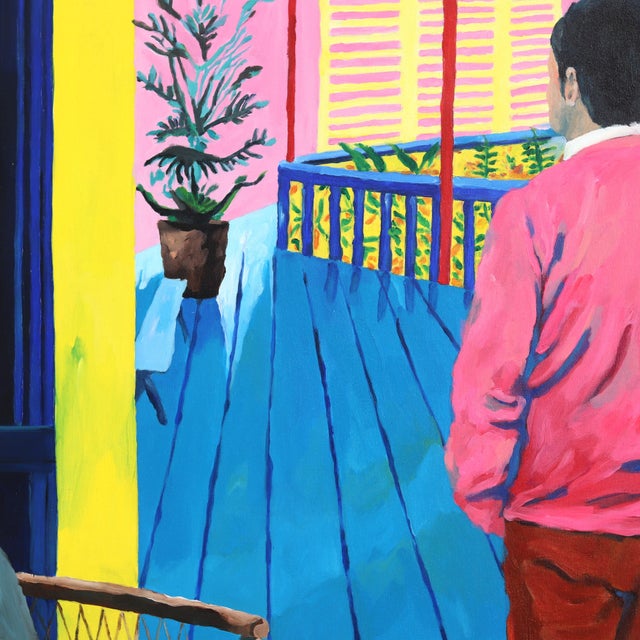 2020s Strangers in Blue Veranda - Surrealist Mixed Media on Canvas Original Artwork by Iqi Qoror For Sale - Image 5 of 10