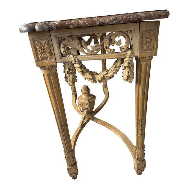 Tan Antique Louis XVI Console Table, Carved Pine & Marble Top, 1870 For Sale - Image 8 of 10
