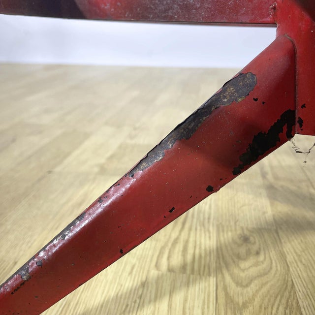 Red Industrial Swivel Stool in Red Painted Metal and Wood Seat, 1950s For Sale - Image 8 of 9