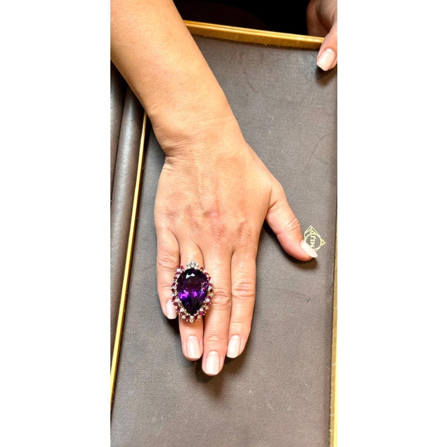32X23 MM PEAR Amethyst , Diamond & Ruby 14 Kt Yellow Gold Cocktail Ring, 1960's For Sale - Image 12 of 18