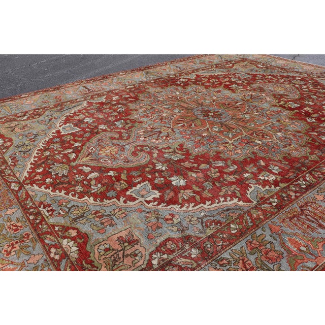 Antique Persian Bakhtiari Rug With Red Field and Blue Medallion Design For Sale - Image 13 of 16