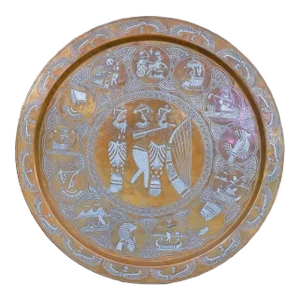 Vintage Large Cairoware Copper Tray With Silver Inlay Egyptian Hieroglyphiecs Artwork