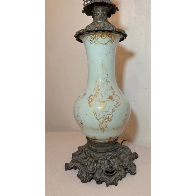 Huge 1800s Antique Ornate French Hand Painted Porcelain Bronze Kerosine Oil Lamp For Sale - Image 13 of 18