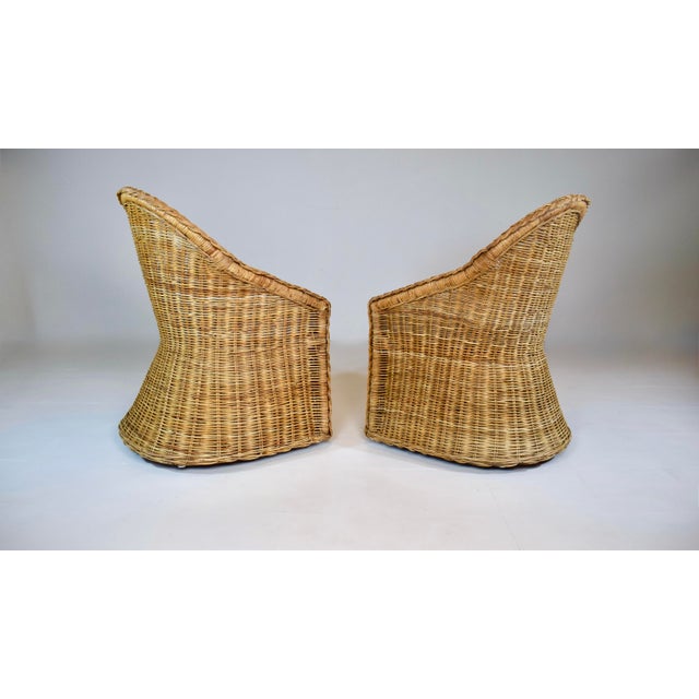 Wood Coastal Braided Wicker Rattan Chairs After Michael Taylor Blue & White Stripes Upholstery For Sale - Image 7 of 13