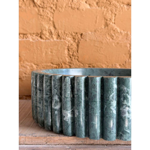 Modern Green Marble Fluted Vessel Sink, Round Countertop Vanity Basin For Sale - Image 4 of 10