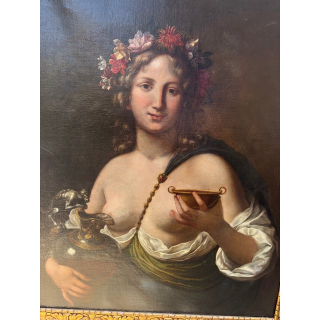 17th Century Framed Oil Painting Italian School Female With Garland of Flowers With Ewer and Cup For Sale - Image 12 of 14