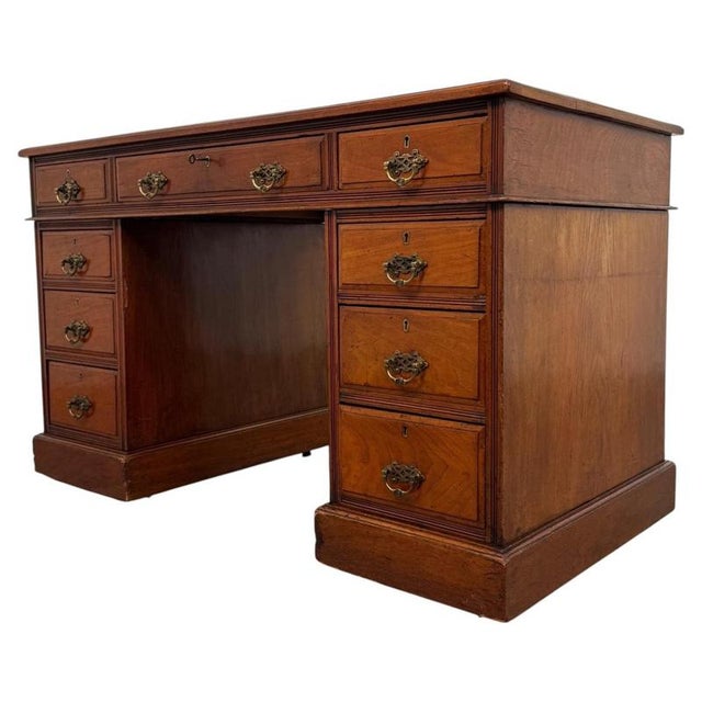 2000 - 2009 Antique English Walnut Pedestal Desk with Blue Leather Top For Sale - Image 5 of 12