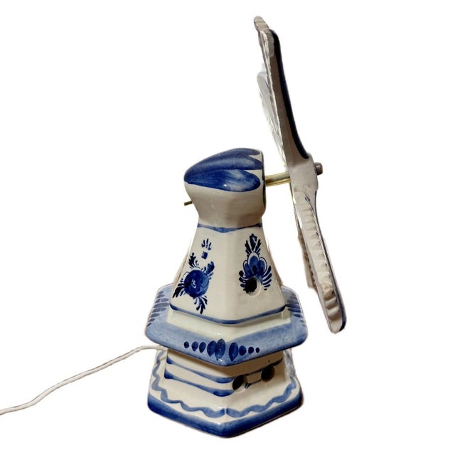 Delft Vintage Authentic Dutch Delft Blue Hand-Painted Porcelain Windmill Table Lamps - Made in Holland - a Pair For Sale - Image 4 of 7