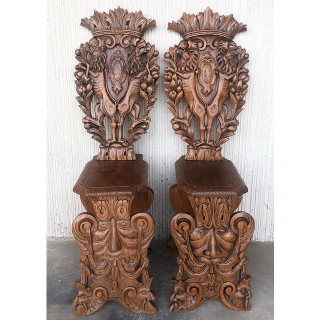 Pair of 18th Century Italian Renaissance Lion Carved Walnut Sgabello Hall Chairs For Sale - Image 18 of 18
