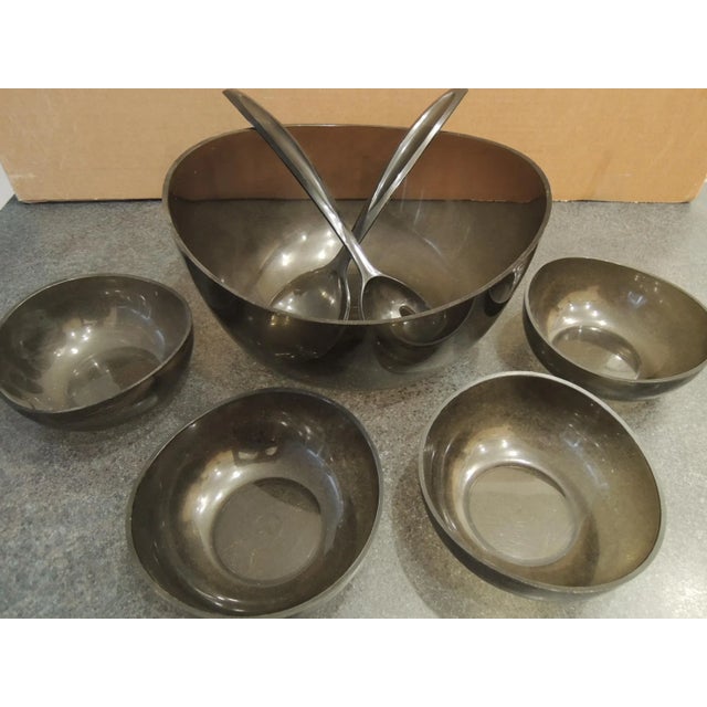 Salad Bowl Set for 4 + Serving Utensils - Smoked Glass Look Acrylic Vtg 60s. (Set for 4 + Faux Glass/Acrylic Salad Bowl...