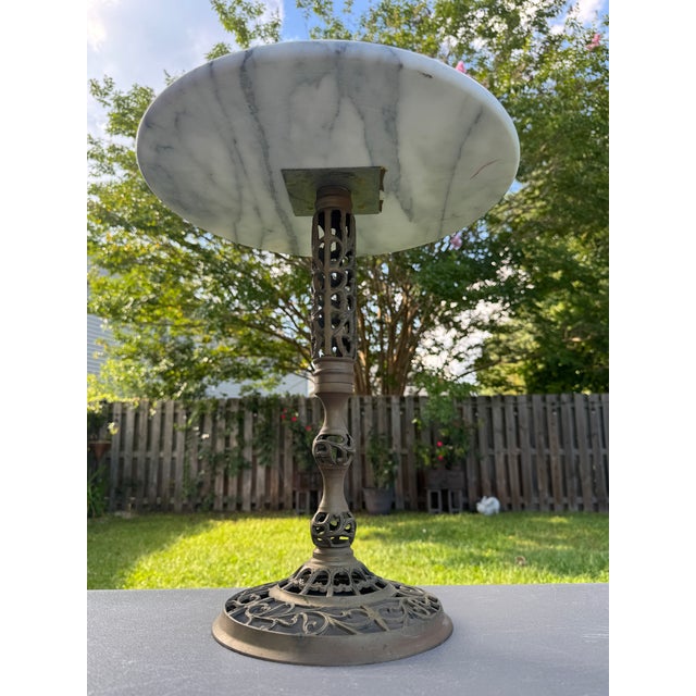 Vintage 17" Pierced Brass Side Table W/White & Grey Marble 15" Top For Sale - Image 6 of 7