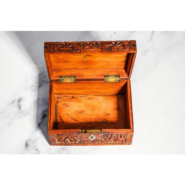 Wood Hand Carved Village Scene Box Antique Chinese Wood Box 19th Century Decorative Chinoiserie Asian Oriental Home Decor For Sale - Image 7 of 13