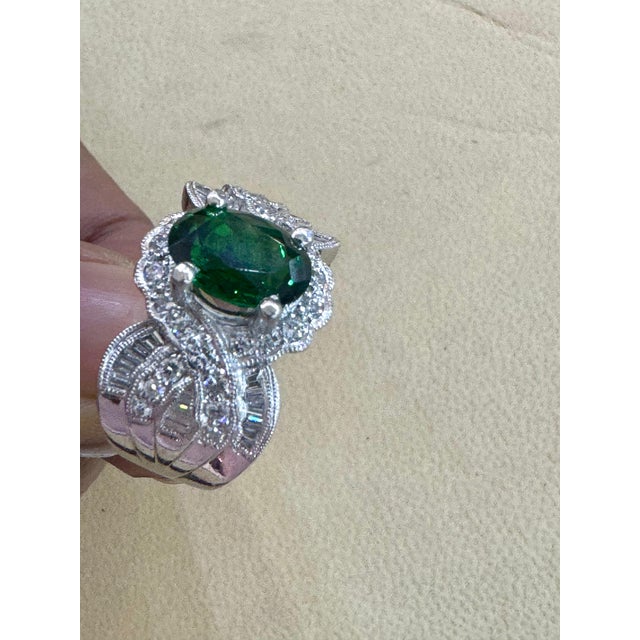 Vintage 3 Carat Oval Tsavorite & 2.2 Carat Diamond Ring , Platinum 16.4Gm Estate For Sale - Image 11 of 18