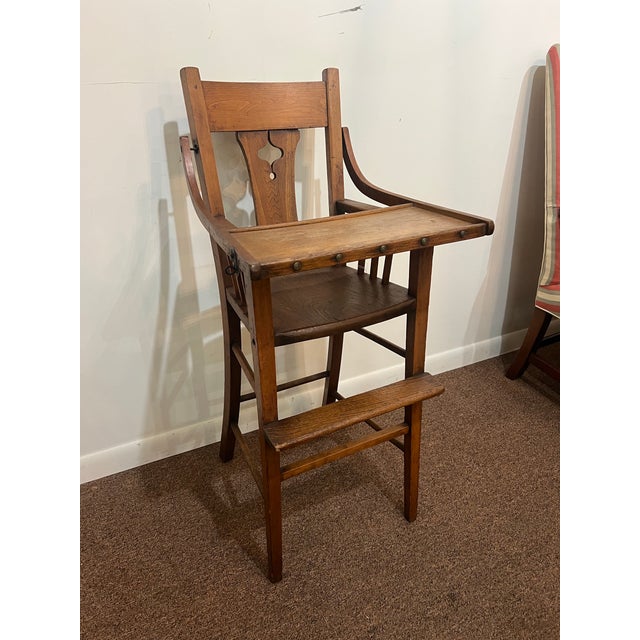 Early American Oak Mission Style Folk Art Wooden High Chair For Sale - Image 11 of 12