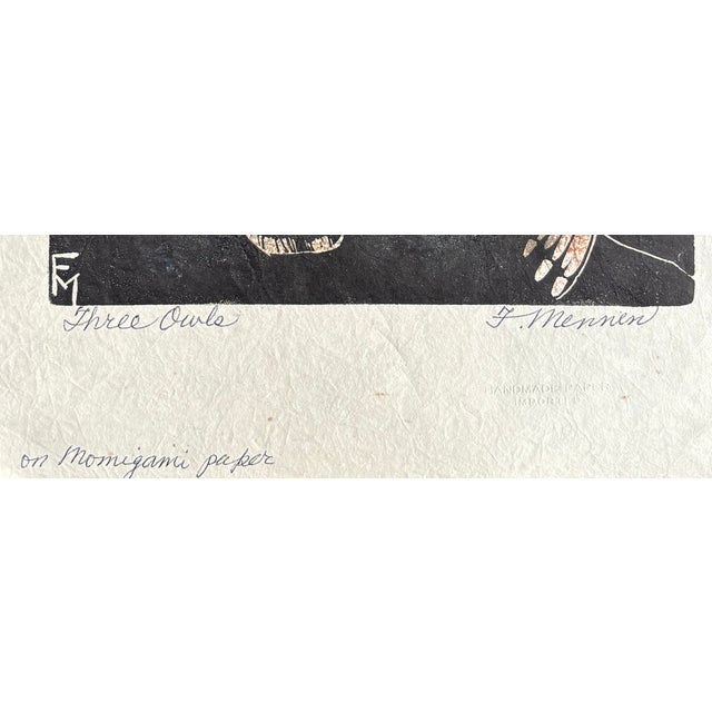 Vintage MCM Woodcut/Engraving Titled ‘Three Owls’ Signed by Fannie Mennen (1903-1995) For Sale - Image 4 of 9