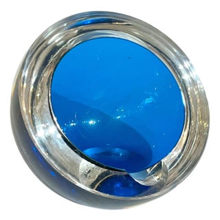 Vintage Saint-Louis French Cobalt and Clear Crystal Mid Century Ashtray For Sale