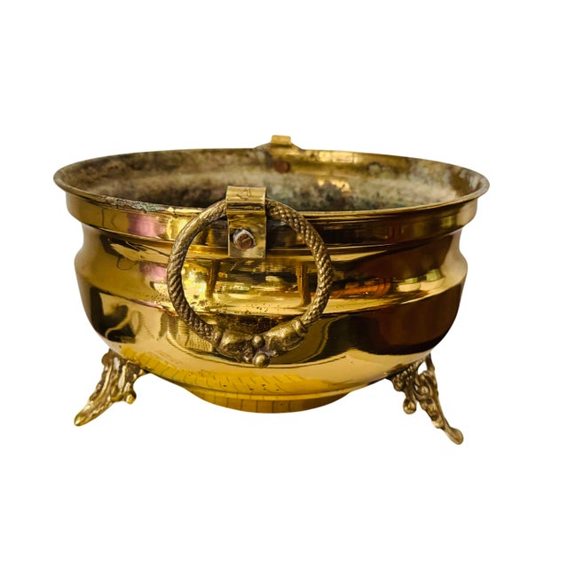 Vintage Brass Footed Planter Cachepot | Hollywood Regency Claw Foot Jardinière | Mid-Century Decorative Brass Pot with...
