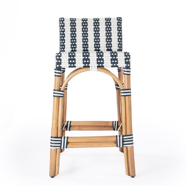 Serienna 24.5 in. Seat Height Rectangular Rattan Low Back Counter Stool, White/Navy Stripe/ Natural Rattan Frame For Sale In Chicago - Image 6 of 11