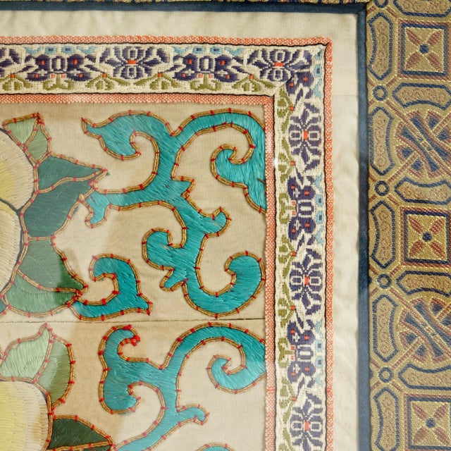 1920s Chinese Republic Era Silk Rose Robe Sleeve Bands Framed 1920’s For Sale - Image 5 of 8