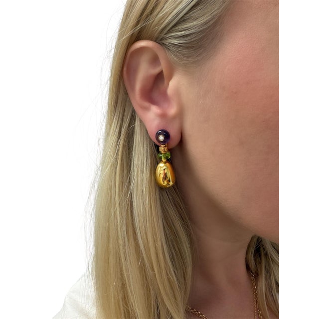 Metal Bvlgari, Mediterranean Eden Diamond, Amethyst and Peridot Earrings, 18k, A Pair For Sale - Image 7 of 7