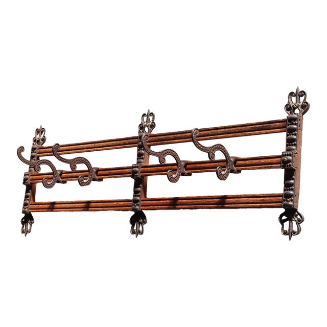 Antique Victorian Style Oak and Cast Iron Coat Rack For Sale