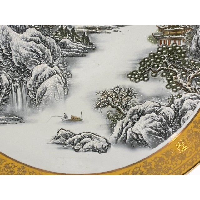 Chinese Gray White Snow Scenery Graphic Porcelain Display Charger Plate For Sale - Image 4 of 9